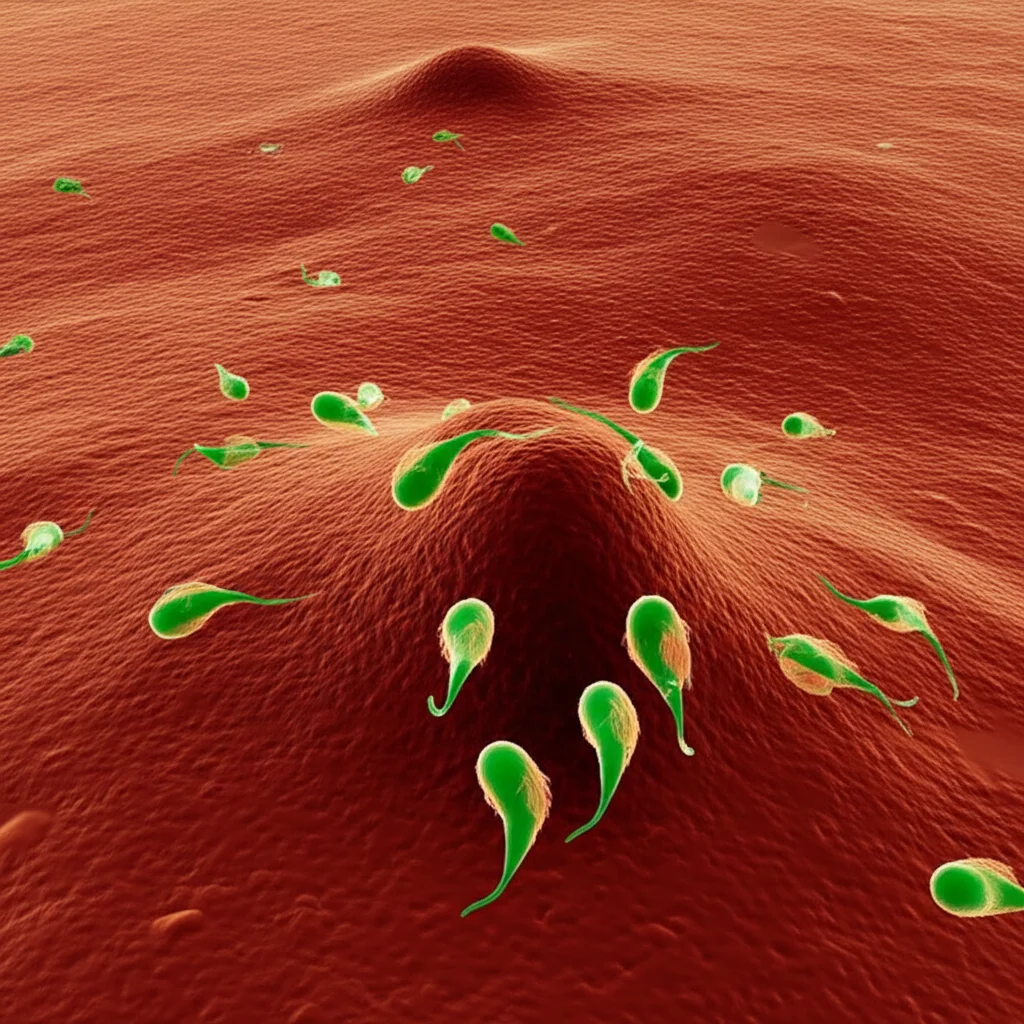Macro lens, 60mm, high detail image of Toxoplasma gondii tachyzoites, appearing as crescent-shaped organisms, actively invading a host cell, with visible cellular structures and precise focusing on the parasite-host interaction, under controlled lighting to highlight the invasion process.