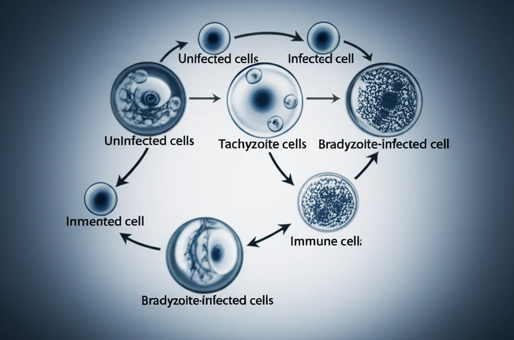Abstract representation of a 5-dimensional mathematical model for toxoplasmosis, showing interconnected compartments (uninfected cells, tachyzoite-infected, bradyzoite-infected cells, immune cells) with arrows indicating flow rates, prime lens, 35mm, duotone blue and grey, depth of field effect.