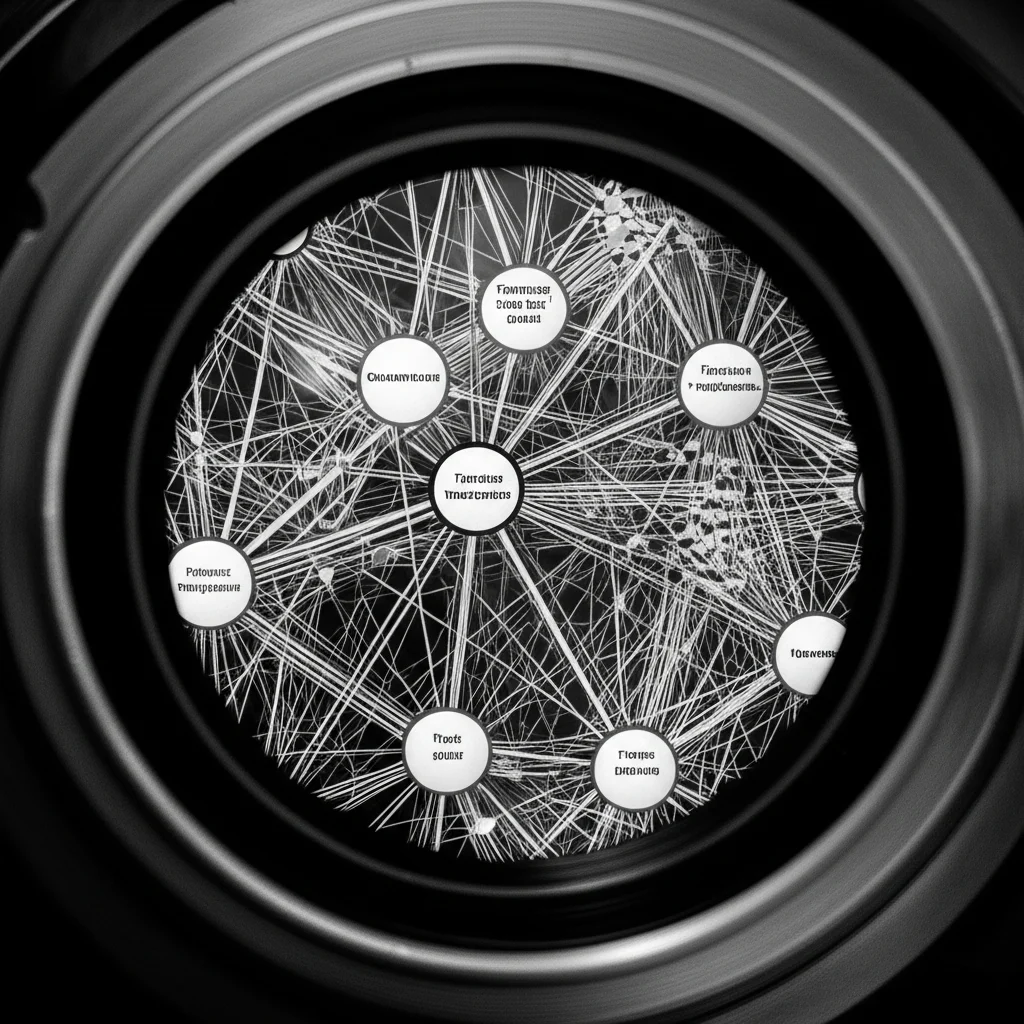 Complex network diagram representing a 7-dimensional mathematical model for toxoplasmosis, with additional nodes for free tachyzoites and free bradyzoites, showing intricate connections, prime lens, 24mm, film noir style, depth of field emphasizing central nodes.