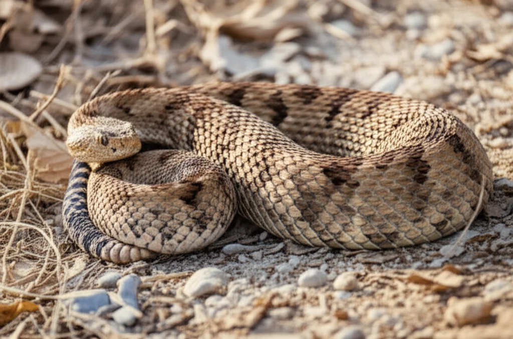 Telephoto zoom shot, 300mm lens, of a puff adder perfectly camouflaged amongst dry leaves and rocks in its African grassland habitat, illustrating its ambush predation strategy. Fast shutter speed freezes the moment, with action or movement tracking implied by its coiled, ready-to-strike posture.