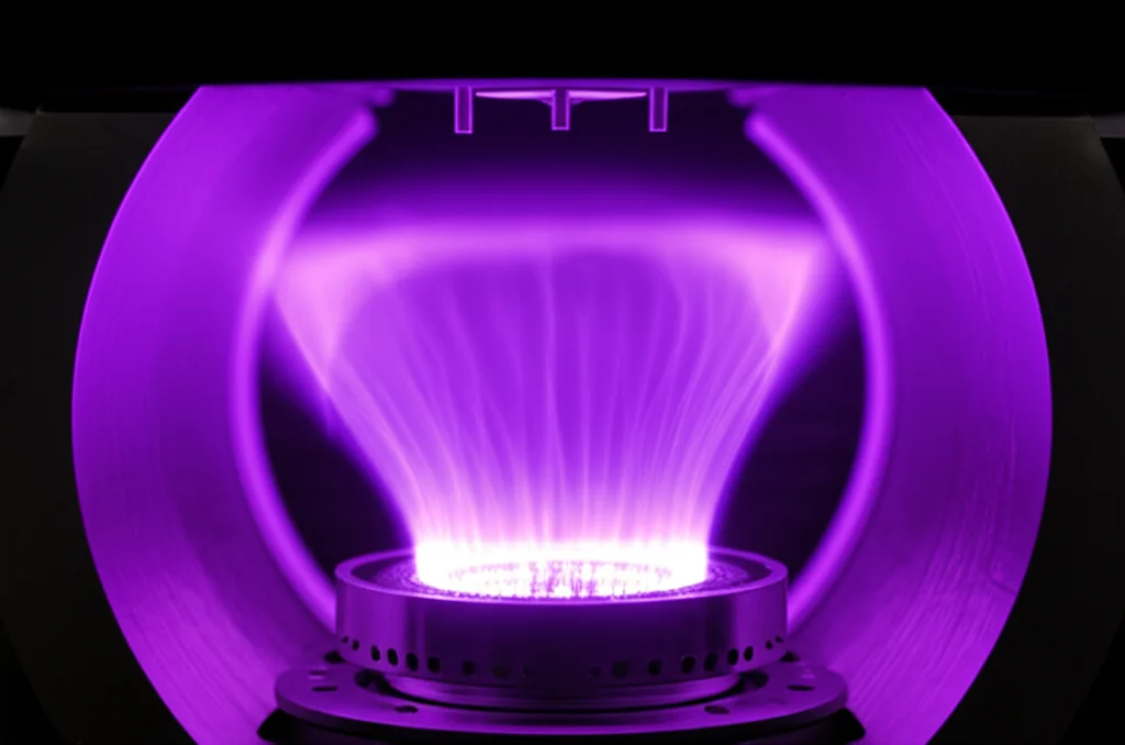 A close-up, macro lens shot, 60mm, of a glowing purple microwave plasma inside a CVD chamber during diamond film synthesis, high detail, precise focusing, controlled lighting, showing intricate gas dynamics.