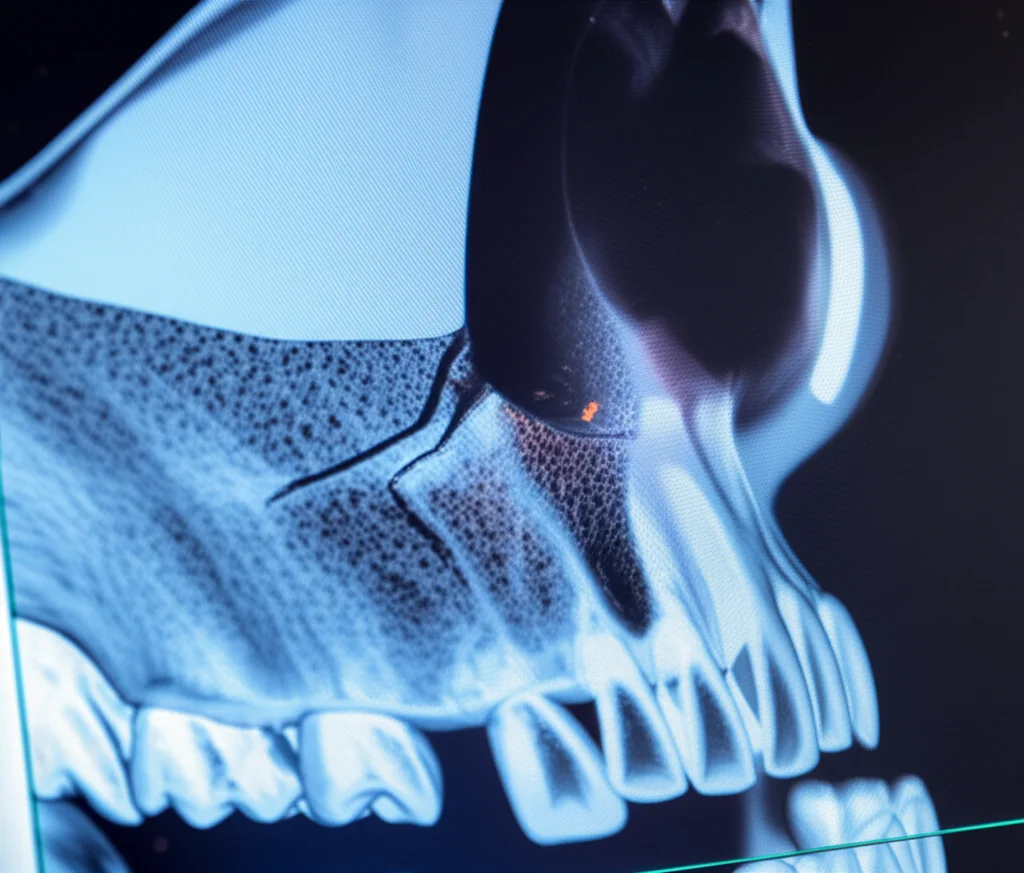 Macro lens, 100mm, high detail shot of a 3D computer model of a human jaw condyle, precise focusing on the fractured area, controlled lighting to show texture and depth, displayed on a medical imaging monitor. The image conveys the technological aspect of the study.