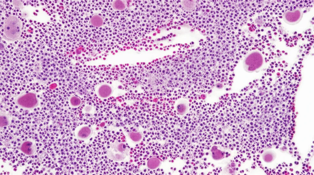 A high-detail macro shot of liver tissue under a microscope, 90mm macro lens, with some cells showing fatty deposits (NAFLD) and others signs of viral infection (CHB), controlled lighting to highlight cellular structures.