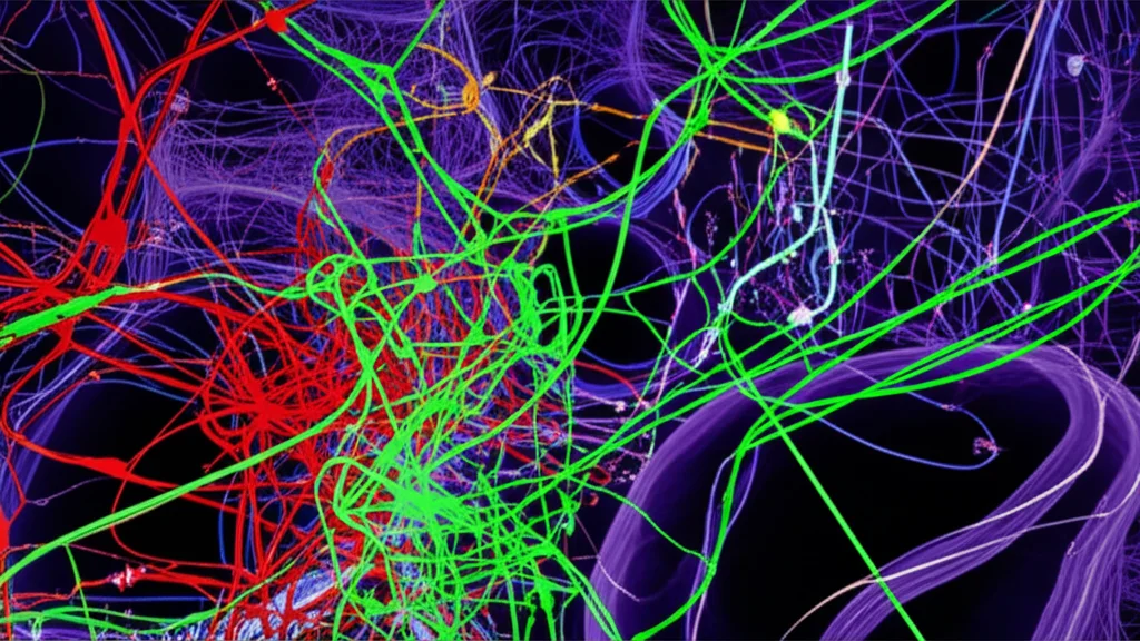 A conceptual illustration of protein pathways in a liver cell, wide-angle, 15mm, with some pathways highlighted in red (dysregulated) and others in green (normal), showing the complexity of CHB and NAFLD interactions, sharp focus.