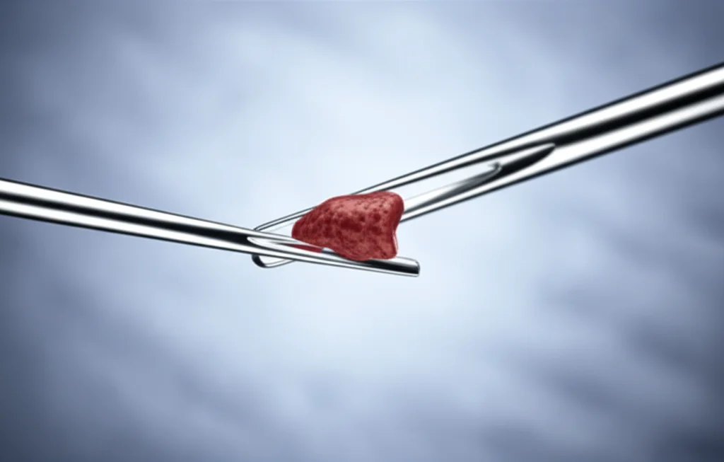Close-up of a liver biopsy needle taking a sample, macro lens, 70mm, high detail, precise focusing, emphasizing the clinical aspect of sample collection for research.