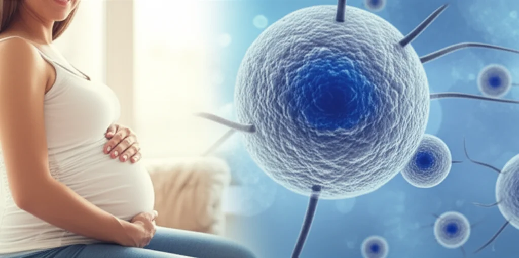 A conceptual image: a split screen. Left side: a healthy, vibrant pregnant woman in soft, natural light, prime lens 35mm, depth of field. Right side: a subtle, artistic representation of 'older' immune cells, perhaps slightly desaturated or with a faint, aged texture, duotone blue and grey. The split emphasizes the GDM impact.