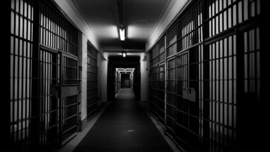 A dimly lit, empty prison hallway with cell doors on one side, conveying the atmosphere of a correctional facility. Wide-angle lens, 24mm, film noir style with stark contrasts, depth of field showing the receding hallway.