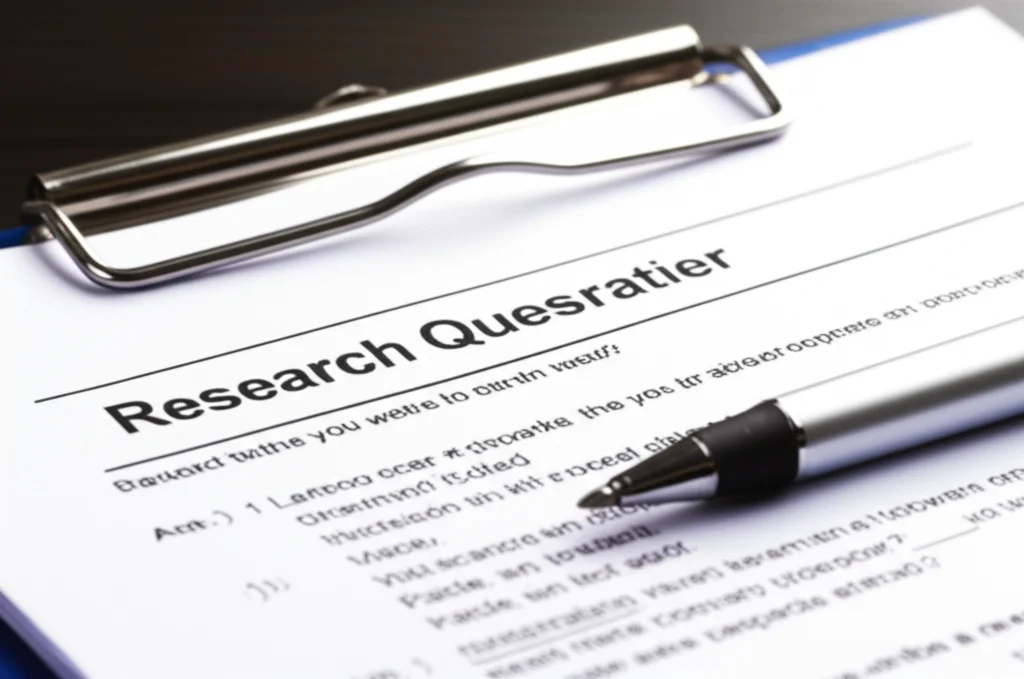 A close-up shot of a research questionnaire on a clipboard, with a pen resting on it, symbolizing data collection. Macro lens, 100mm, high detail, precise focusing, controlled lighting.