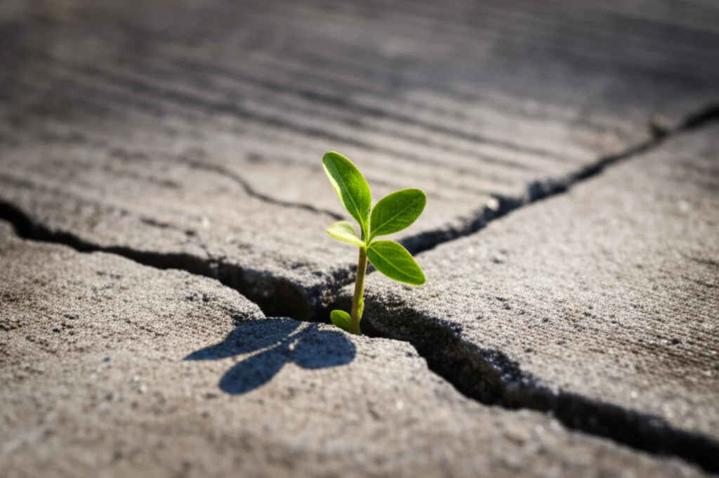 A hopeful image of a single plant growing through cracks in concrete, symbolizing resilience and growth in a harsh environment. Macro lens, 60mm, high detail, precise focusing, with soft, natural lighting.