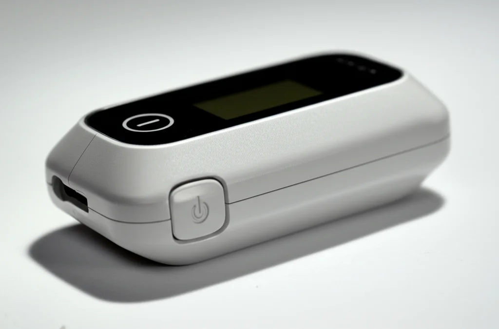 Macro still life, a close-up of a modern subcutaneous On-Body Infusor device, 60mm macro lens, high detail on the device's texture and components, precise focusing, controlled studio lighting with soft shadows to highlight its sleek design, placed on a clean, neutral surface.