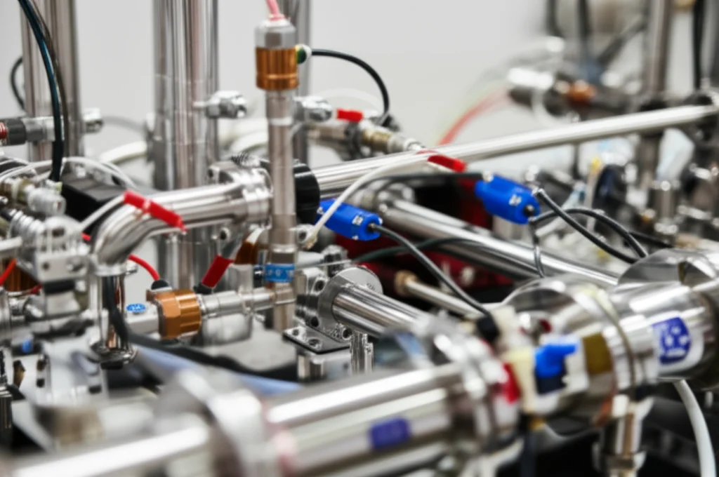 Photorealistic image of a high-tech experimental setup for studying refrigerant flow boiling in mini-channels. Focus on a section with gleaming metallic tubes, sensors, and wiring, with a slight depth of field. Prime lens, 35mm, controlled laboratory lighting, high detail.