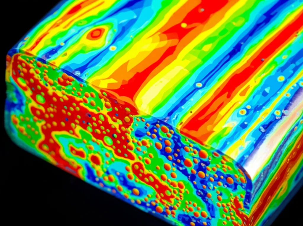 A dynamic, photorealistic visualization of a CFD simulation showing two-phase flow (liquid and vapor bubbles) of refrigerant R448A inside a mini-channel. Colors representing temperature or velocity gradients. Wide-angle lens, 10mm, sharp focus, as if viewed on a high-resolution screen.