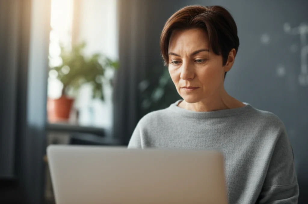 A thoughtful woman in her late 20s, with a slightly concerned but engaged expression, looking at a laptop screen displaying an online health survey. The scene is indoors, with soft, diffused window light creating a calm atmosphere. Prime lens, 35mm, depth of field, focusing on her face and the screen, conveying a sense of private, anonymous participation in important medical research.