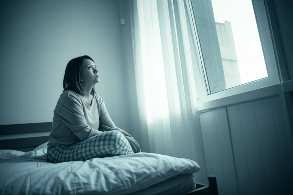 A woman in her early 30s sitting on the edge of her bed in the early morning, looking tired and pensive as she gazes out a window. Soft, natural morning light streams in. 35mm portrait, duotone effect using muted blue and grey, conveying the emotional and physical toll of chronic sleep disturbance and its connection to PCOS.