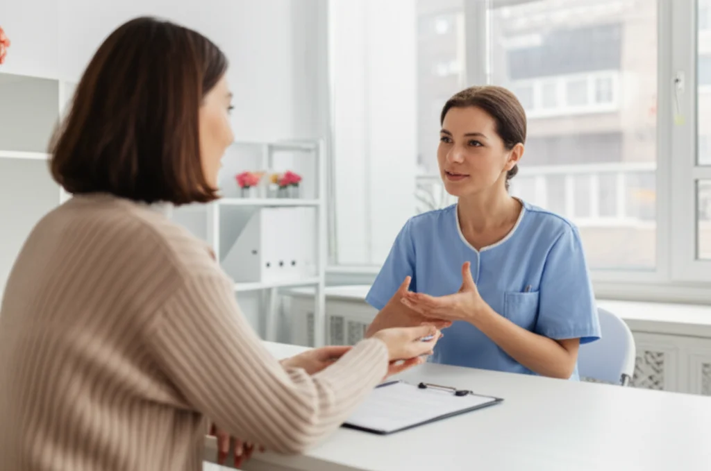 A compassionate female doctor in a brightly lit, modern clinic office, attentively listening and discussing results with a female patient in her 30s. The focus is on their supportive interaction, with medical charts subtly in the background. Prime lens, 50mm, depth of field, creating a warm and reassuring atmosphere, symbolizing holistic and patient-centered care for PCOS.