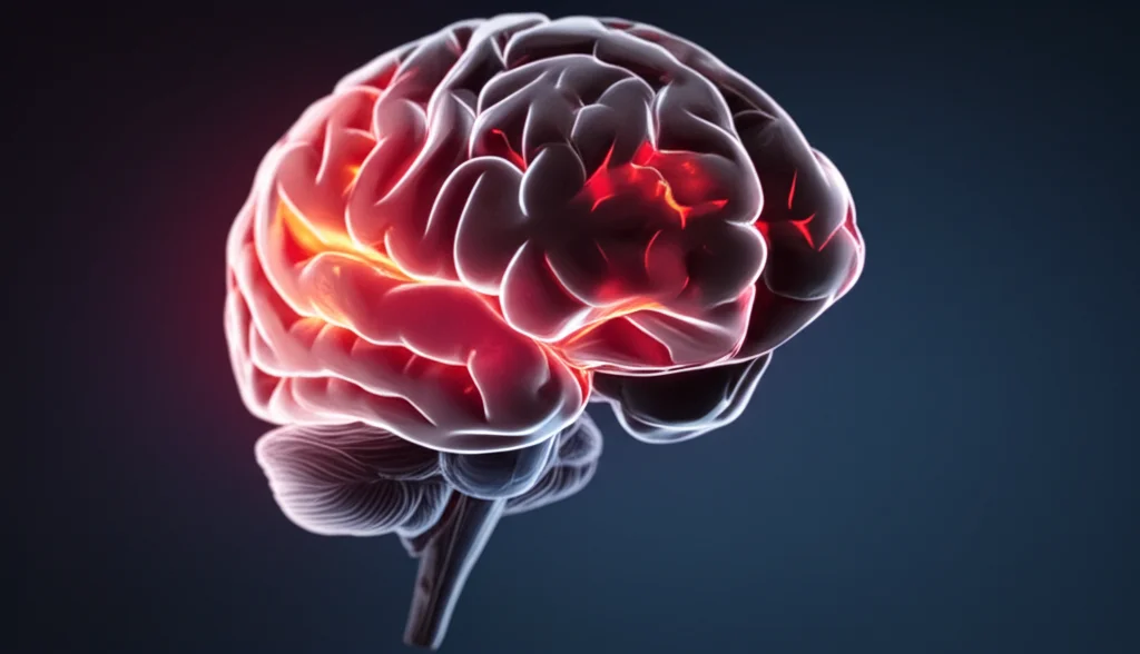 A photorealistic, dramatic macro shot of a human brain with glowing red and orange areas indicating inflammation and cellular damage from pyroptosis, symbolizing cerebral ischemia-reperfusion injury. Macro lens, 70mm, high detail, controlled, moody lighting to emphasize the affected regions, depth of field highlighting specific neurons.