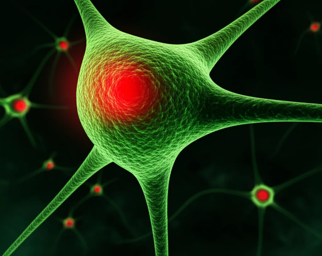 Photorealistic microscopic view of brain neurons. Some neurons are healthy and vibrant (glowing green with a fictional fluorescent marker), while others are swollen and bursting (glowing red), indicating pyroptosis. Macro lens, 100mm, high detail, precise focusing, controlled lighting to differentiate healthy vs. dying cells, set against a dark, subtly textured background representing brain tissue.