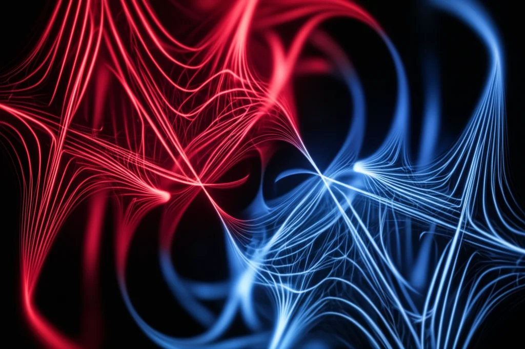Abstract visualization of a complex Lie algebra structure being decomposed into two distinct, intertwined substructures. One part glows red, the other blue, against a dark, intricate background. Macro lens, 70mm, high detail, precise focusing, controlled lighting with dramatic shadows.