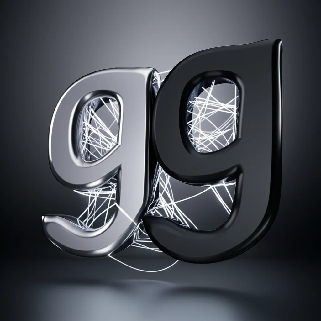 A photorealistic still life of two distinct but connected complex geometric objects, representing g x g. One is metallic silver (g1), the other matte black (g2). They are linked by glowing threads (representing the subalgebra w). Macro lens, 80mm, high detail, precise focusing, dramatic studio lighting.