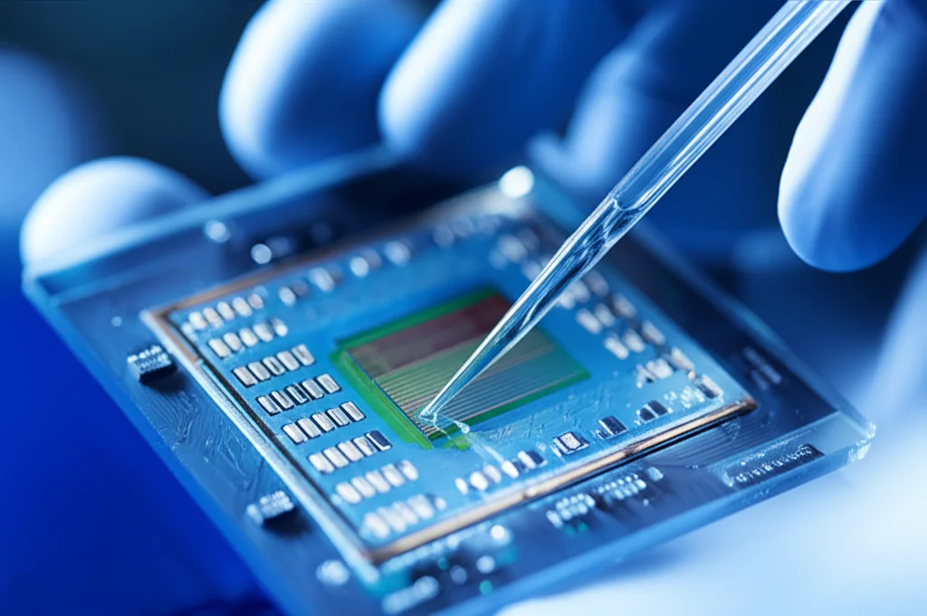 A highly detailed macro shot, 85mm lens, of a scientist's gloved hands carefully pipetting samples into a DNA sequencing chip, with soft, controlled lab lighting highlighting the intricate technology. Depth of field effect, focusing on the chip.