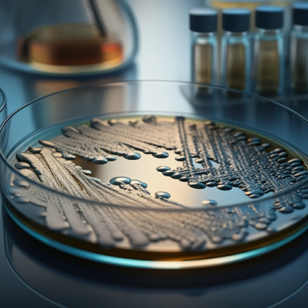 A highly detailed macro shot of a petri dish with bacterial colonies, representing probiotic research. Precise focusing on the colonies, with controlled, slightly cool laboratory lighting. Macro lens, 100mm. The background is softly blurred, hinting at other lab equipment.