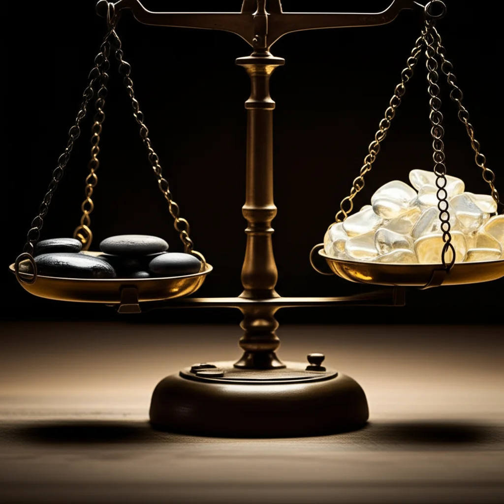 A symbolic image representing risk-benefit analysis. A perfectly balanced vintage scale. On one side, a few dark, small stones (risk), and on the other, a larger pile of bright, glowing pebbles (benefit). Macro lens, 60mm, high detail, precise focusing, dramatic controlled lighting to highlight the contrast.