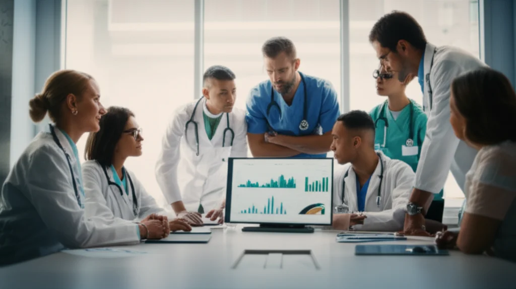 A diverse group of neonatal healthcare professionals (doctors, nurses) in a collaborative meeting, looking at data on a screen. Bright, modern meeting room. 35mm lens, capturing the group dynamic and focused expressions. Film noir style, creating a sense of serious discussion and dedication.