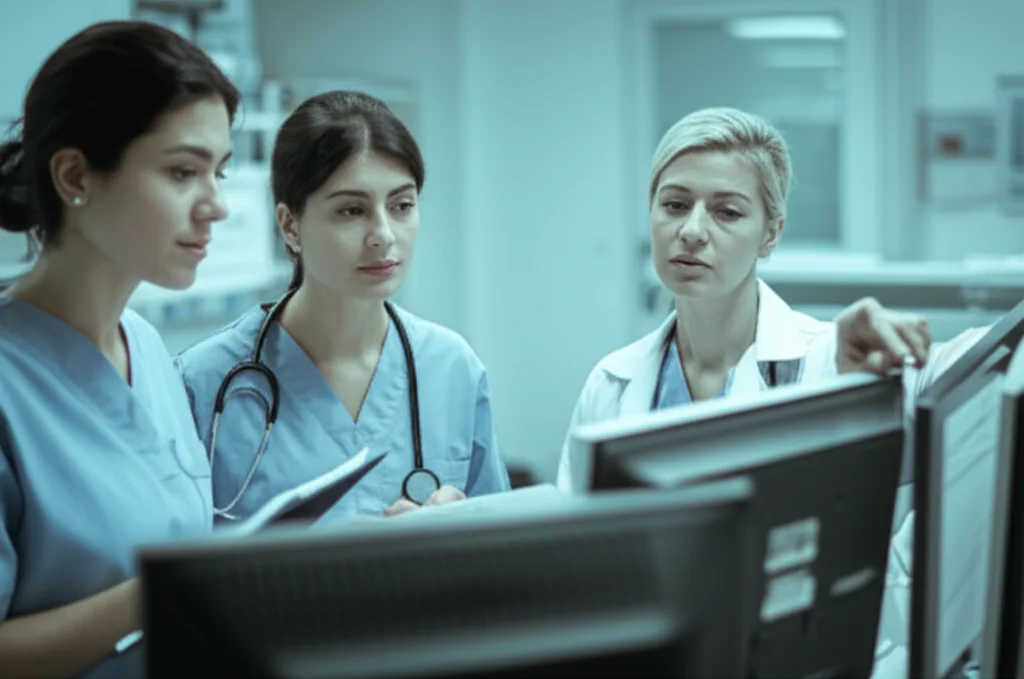 A diverse team of emergency room nurses in Iran, mid-discussion around a computer terminal displaying patient charts. One nurse is pointing at the screen, another is listening intently, and a third is jotting notes. The atmosphere is focused but collaborative. Use a prime lens, 35mm, with depth of field to highlight the nurses, set against the slightly blurred background of a busy but organized ER. Duotone effect in teal and grey.
