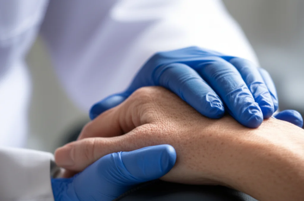 Close-up, macro lens shot (90mm) of two hands, one gloved (nurse) and one not (patient), gently clasped, symbolizing trust and safety in a healthcare setting. Lighting is soft and controlled, highlighting the texture of the glove and skin. High detail, precise focusing.