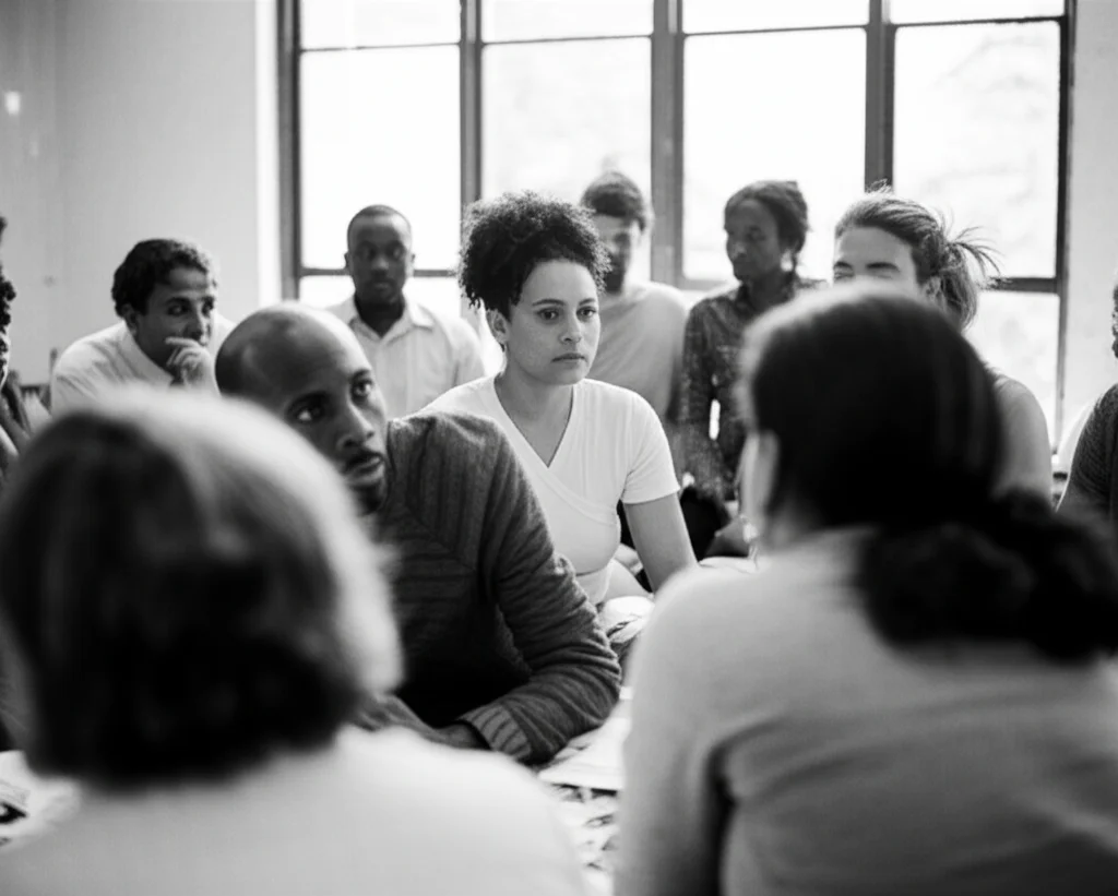Portrait photography, a diverse group of people in a community setting, looking thoughtful and engaged in discussion, 35mm lens, depth of field, black and white film style with subtle duotone highlights.