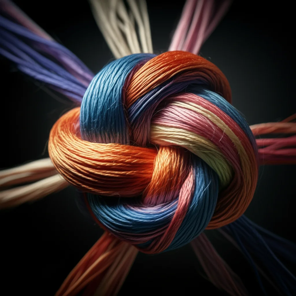 Macro lens, 60mm, a tangled knot of colorful threads representing a complex social dilemma, high detail, precise focusing, with controlled, slightly dramatic lighting.