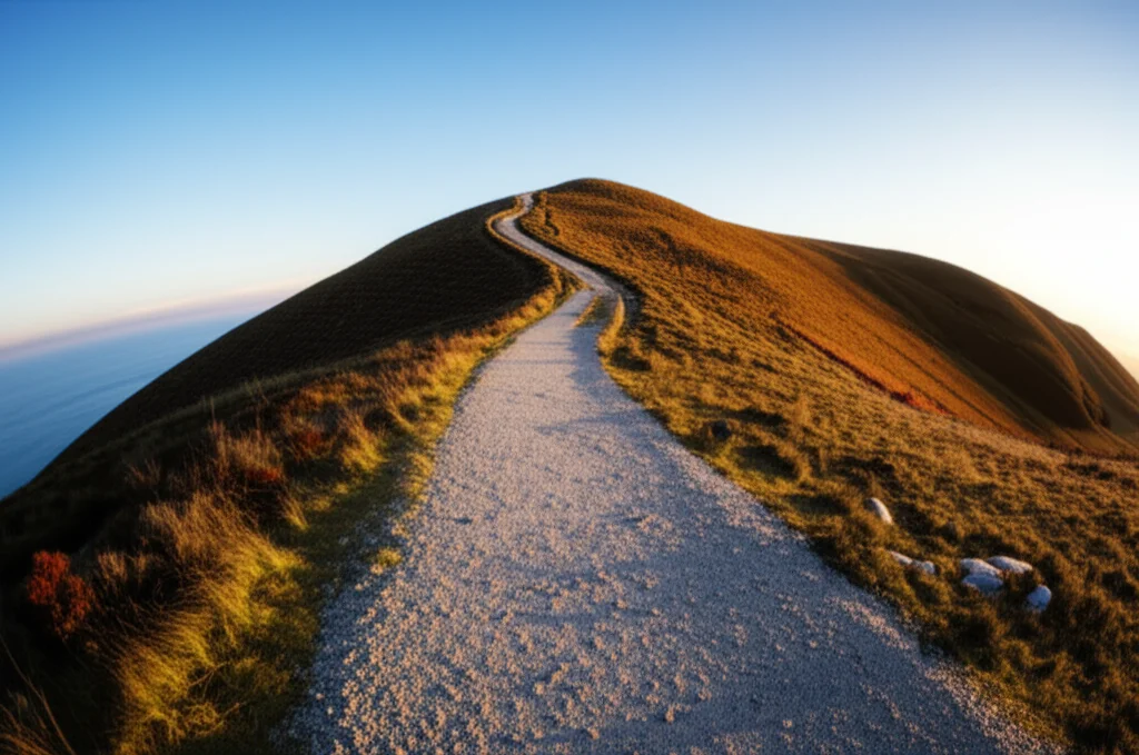 Wide-angle landscape, 15mm lens, a winding path leading over a distinct hill (representing a threshold), under a clear sky at dawn, sharp focus throughout the scene, symbolizing a breakthrough or solution found.