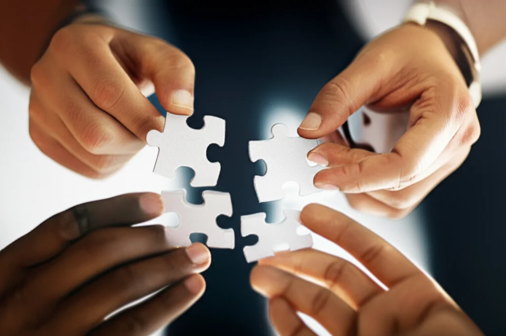 Motion photography, telephoto zoom 150mm, close-up of diverse hands coming together to assemble a complex puzzle or structure, fast shutter speed, action tracking, symbolizing active coordination and building cooperation.