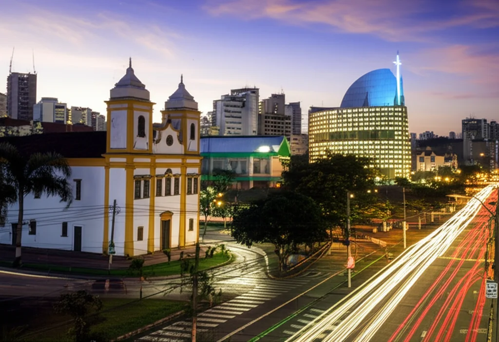 A wide-angle landscape photograph (10-24mm lens) of a Brazilian city at twilight, showcasing a blend of historic colonial church spires and modern, brightly lit evangelical temples integrated into the urban fabric. Long exposure creates smooth light trails from cars and soft, colorful sky. Sharp focus across the cityscape, conveying diversity and dynamism.