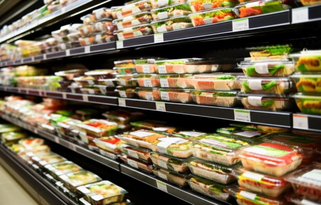 A brightly lit supermarket aisle showcasing a variety of colorful ready-to-eat meals and pre-packaged sandwiches, macro lens, 85mm, high detail, precise focusing, capturing the abundance and convenience of these food options.