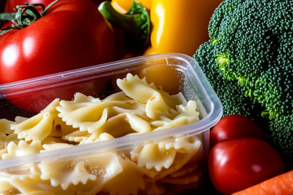 A close-up, still life composition contrasting a typical processed ready-to-eat meal, like a microwave pasta dish, with vibrant, fresh ingredients such as colorful vegetables and fruits, macro lens, 100mm, controlled lighting to highlight textures and nutritional differences.