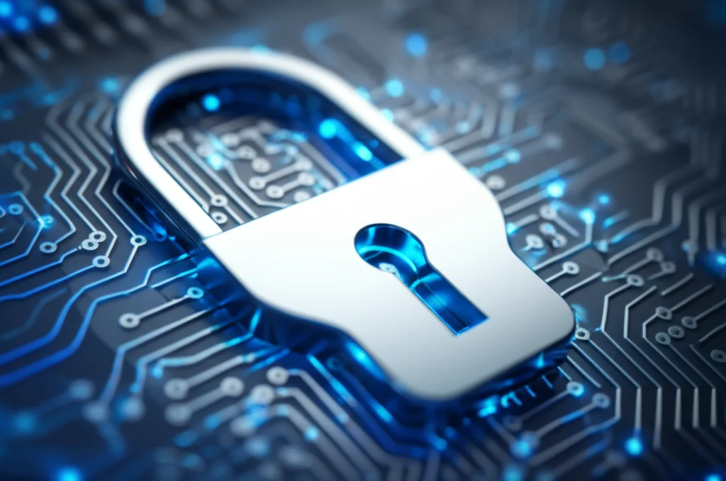 A conceptual, photorealistic image of a complex digital lock mechanism with glowing circuits, symbolizing advanced data security. Macro lens, 60mm, high detail, precise focusing, with cool blue and silver duotones.