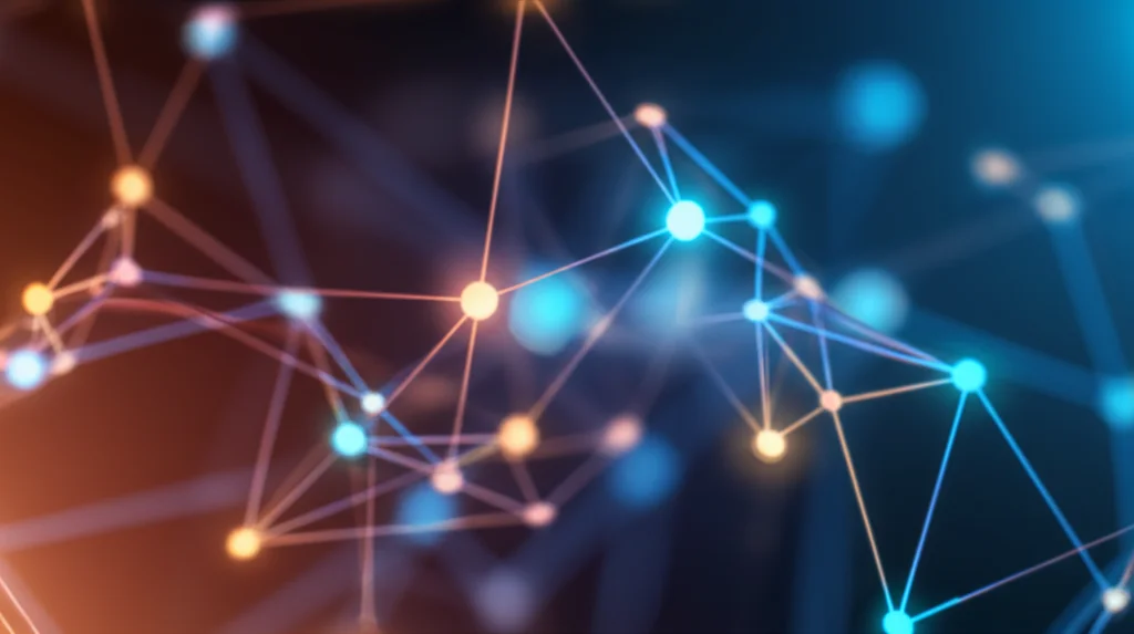 Photorealistic image of an abstract network of interconnected nodes, some glowing brighter (generators) and one central node (discriminator). Prime lens, 35mm, depth of field, with blue and orange duotones to represent the adversarial process.