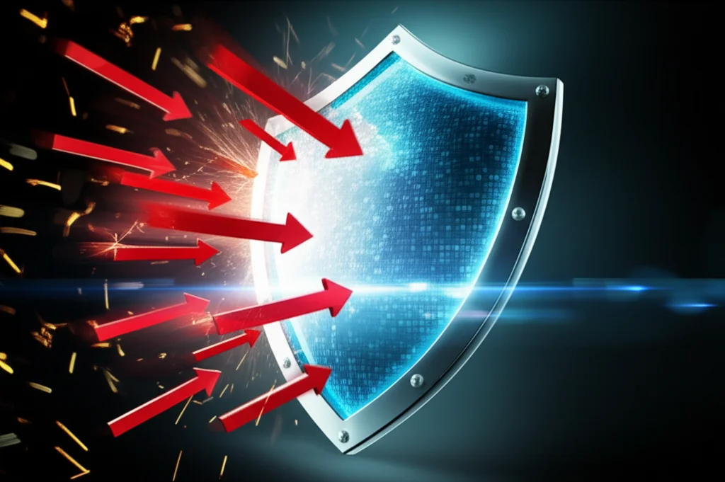 A photorealistic action shot of a futuristic data shield deflecting incoming digital 'attacks' (represented by red arrows). Telephoto zoom, 200mm, fast shutter speed to freeze the action, with sparks and glowing particle effects.