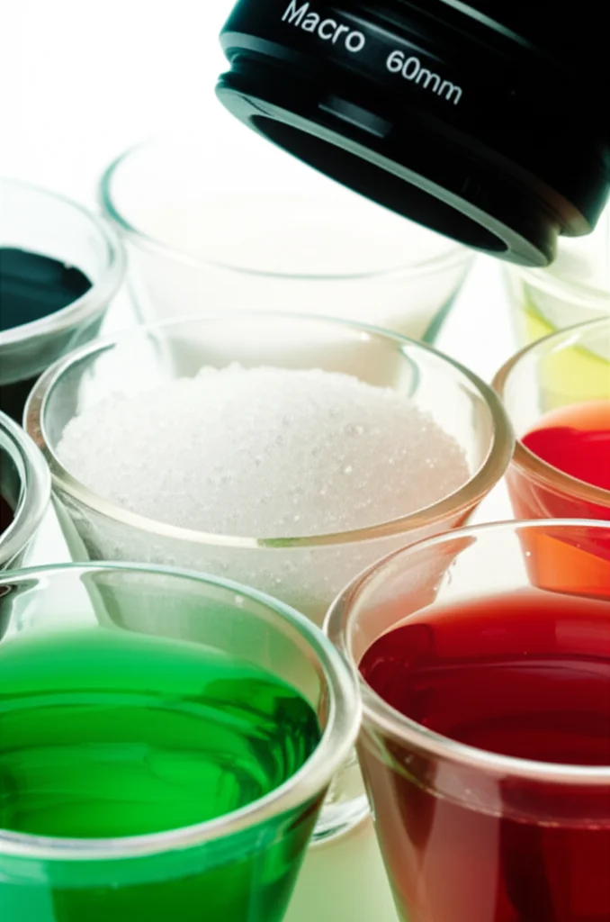 Macro lens, 60mm, a close-up shot of different sugar crystals and a colorful array of sweet solutions in small tasting cups, high detail, precise focusing, controlled lighting, evoking the scientific study of taste.