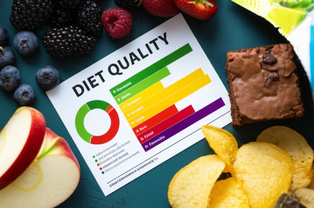 A flat lay, macro lens, 100mm, of diverse snack options including fresh fruits like berries and apple slices, a small brownie, and a bag of veggie chips, alongside a stylized representation of a diet quality chart with vibrant colors, high detail, controlled lighting.