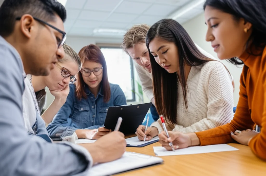 A diverse group of young adults, mid-twenties to early thirties, participating in a research study in a brightly lit, modern university lab setting. Some are attentively filling out questionnaires on clipboards, others are engaged in a relaxed discussion around a table with a researcher. 35mm portrait style, depth of field focusing on a few individuals, natural but controlled lighting, conveying a sense of engagement, collaboration, and scientific discovery.
