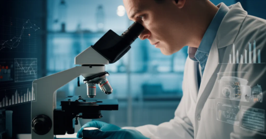 A scientist in a white lab coat, viewed from the side, looking thoughtfully through a microscope at food samples on slides. The background is a softly blurred laboratory setting with shelves of glassware and complex data charts projected on a screen. Macro lens, 60mm, high detail on the microscope and samples, precise focusing, controlled, slightly cool-toned lighting, symbolizing ongoing research, precision, and the complexity of nutritional science.