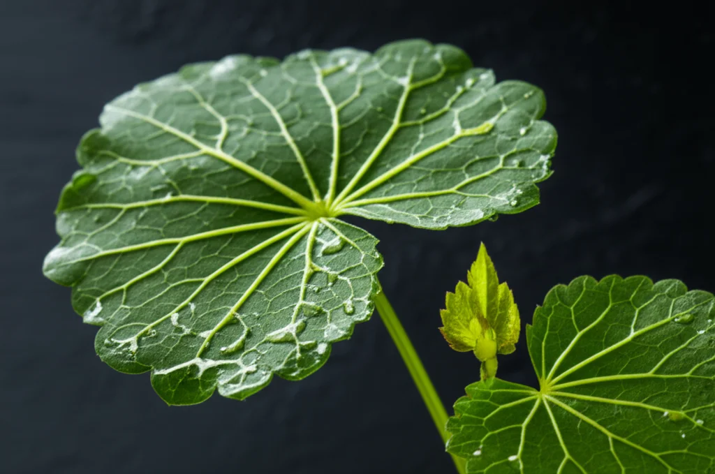 Macro photograph of fresh Gynostemma pentaphyllum leaves, 100mm macro lens, showcasing intricate vein patterns with dewdrops, high detail, precise focusing, soft natural controlled lighting, on a dark, subtly textured background.