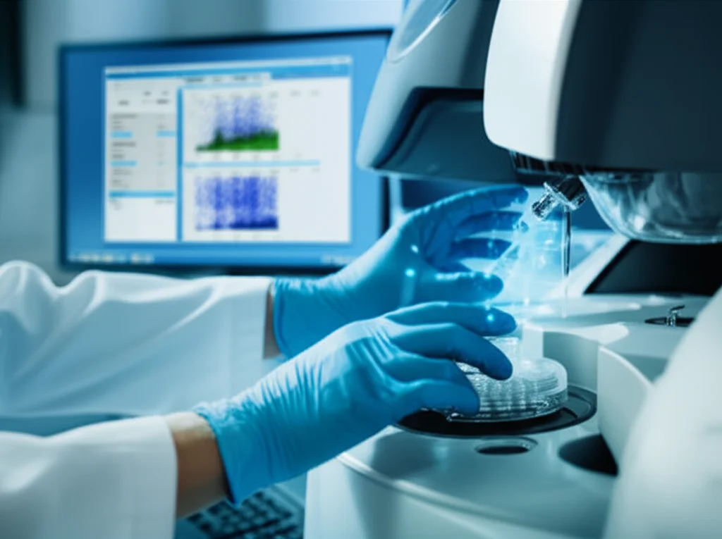 Photorealistic image of a scientist's gloved hands working with a flow cytometer in a modern lab, 35mm lens, depth of field, with glowing cell population data charts visible on a nearby screen, blue and teal duotones.