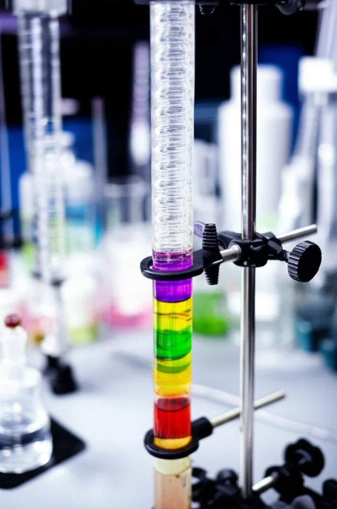 Close-up of a laboratory setup for column chromatography, with colorful separated bands visible in the glass column, 60mm macro lens, high detail, precise focusing, bright controlled lighting, showcasing the separation of phytochemicals.