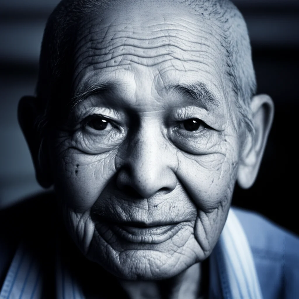 A poignant portrait of an elderly Chinese individual, 35mm lens, with a gentle depth of field highlighting their expressive face, rendered in subtle blue and grey duotones, evoking a sense of wisdom and the complexities of aging.